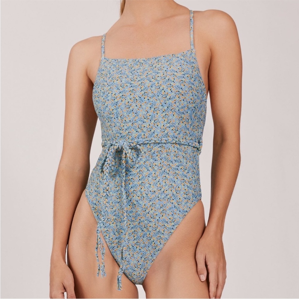 Something Navy, Hibiscus Floral One Piece Bikini in Blue XS